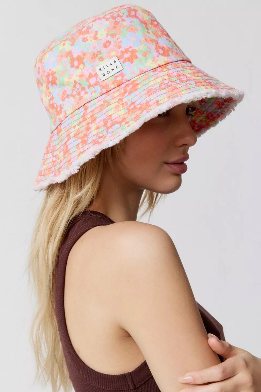 Billabong Bucket Hat Suns Out Pink Trails Floral Large Fray Edge Brim Front Logo